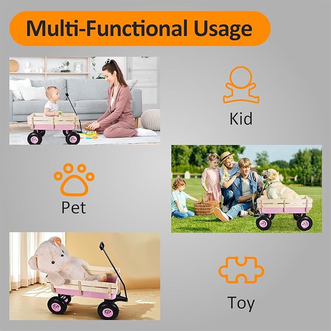 176 lb Kids Wagon Cart, 85L Large Capacity Durable Outdoor Tool Cart, Heavy Duty Cargo Wagon, Steel and Wooden Side with 10 Inch Inflatable Wheels, for Kids, Toys, Sport, Shopping (Pink)