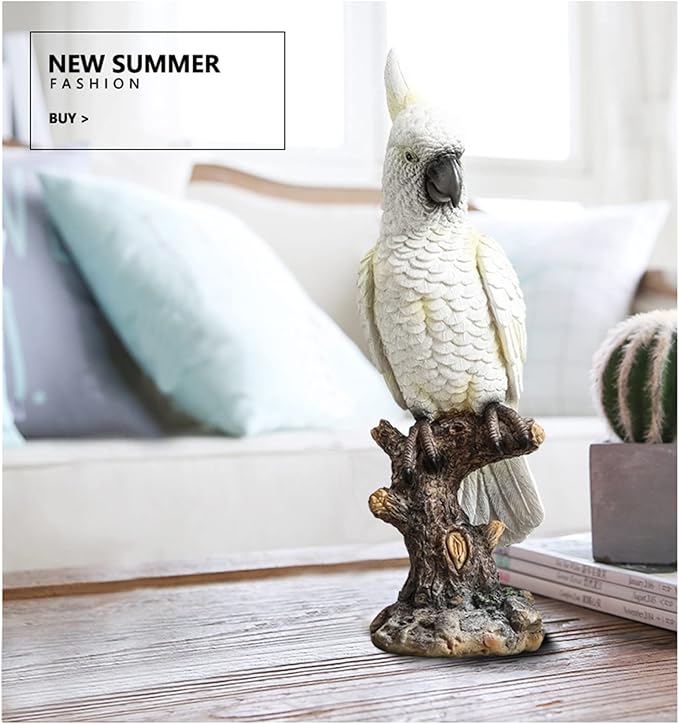 Parrot on Stump Statue Tree Hugger Garden Statues, Resin Figurines Lifelike Tropical Bird Sculptures for Patio Lawn Yard Home Desktop Decoration - White