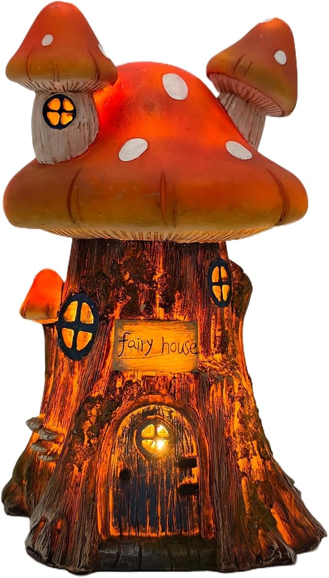 COWOS Mushroom House Sculptures, Collection of Resin Garden Sculptures, Resin Fairy House Statue, Solar Fairy Garden Figurine with Warm White Light Mushroom for Outdoor, Lawn, Yard Decoration