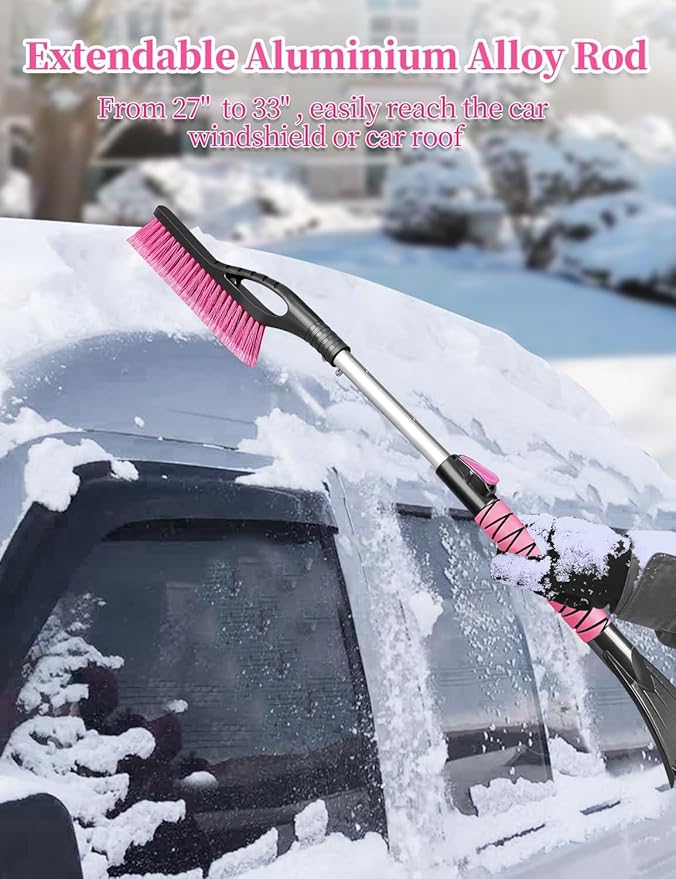 HEEYA 2 Pack Ice Scraper and Brush for Car, Extendable Snow Brush and Ice Scraper for Car Windshield Window, Car Snow Scraper and Brush with Foam Grip for SUV Truck Automobile Vehicle - Purple & Pink