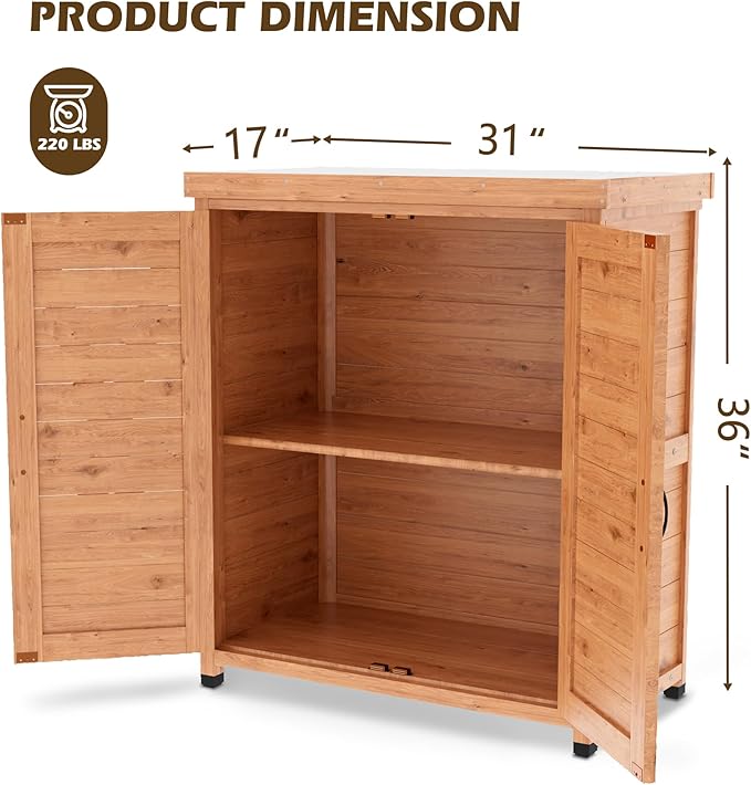 Outdoor Storage Cabinet Garden Potting Bench Table with Metal Tabletop, Solid Wood Planting Work Bench Table for Backyard Patio Lawn, 31×18×36" (Wood)