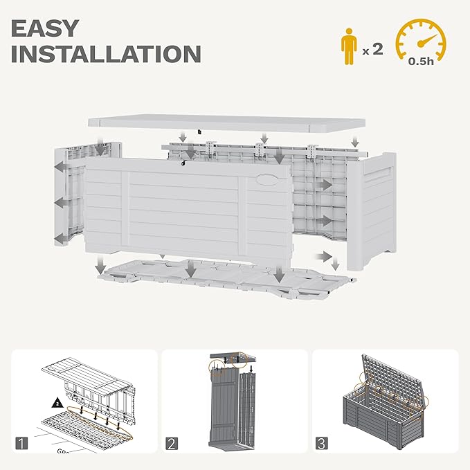 DWVO Large Deck Box 120 Gallon Waterproof Outdoor Storage Box, Extra Large Outdoor Bin, Resin Louvered Patio Storage for Indoor Pillows, Garden Tools & Pool Supplies, Lockable, White