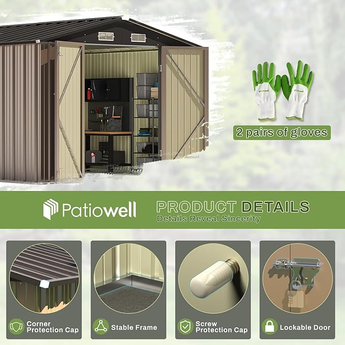 Patiowell 8x10 FT Outdoor Storage Shed with Floor Frame, Large Garden Tool Metal Shed with Sloping Roof and Double Lockable Door, Outdoor Shed for Backyard Garden Patio Lawn,Brown