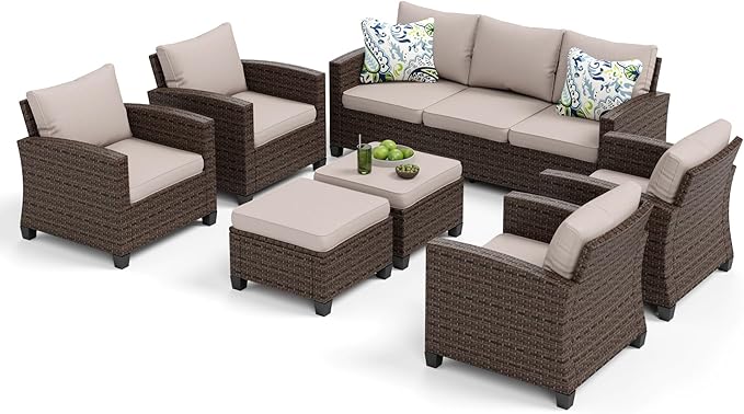 Patio Furniture Set, 7 Pcs Wicker Rattan Rattan Outdoor Conversation Set, 4 x Single Chairs, 1 x 3 Seater Sofa and 2 x Ottoman with 4" Thick Cushion for Garden Backyard Deck, Beige