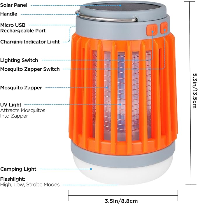 Fuzebug Buzz Blast Pro Mosquito Killer Solar Bug Zapper Outdoor Waterproof and Indoor Buzz Blast Pro Bug Zapper Buzzbug Light Flashlight Camping Buzzblast Mosquito Killer LED Light (Orange)