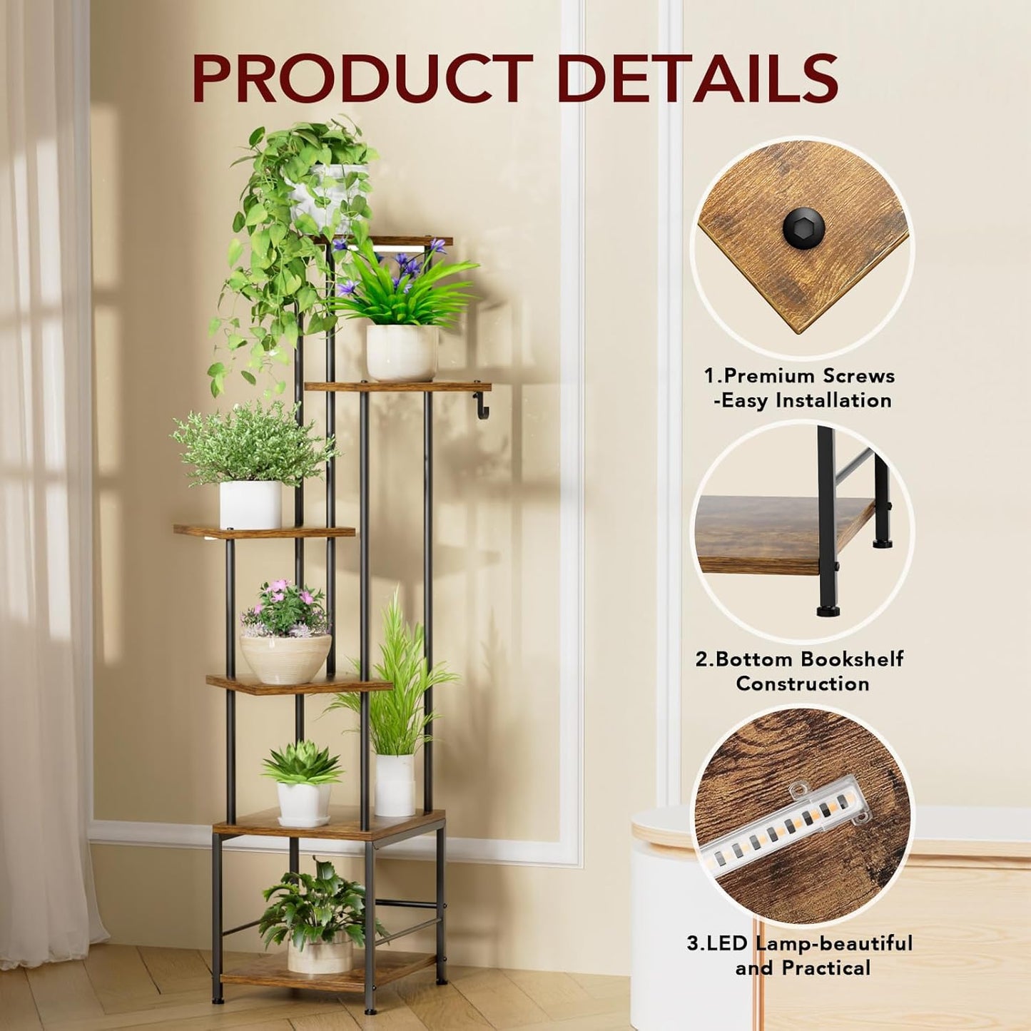 Plant Stand Indoor with Grow Light, 6-Tiered Tall Plant Stand Indoor, Metal Plant Shelf with Hanging Basket Hook and Adjustable Light, Ideal for Living Room, Garden, Patio, （Brown and Black）
