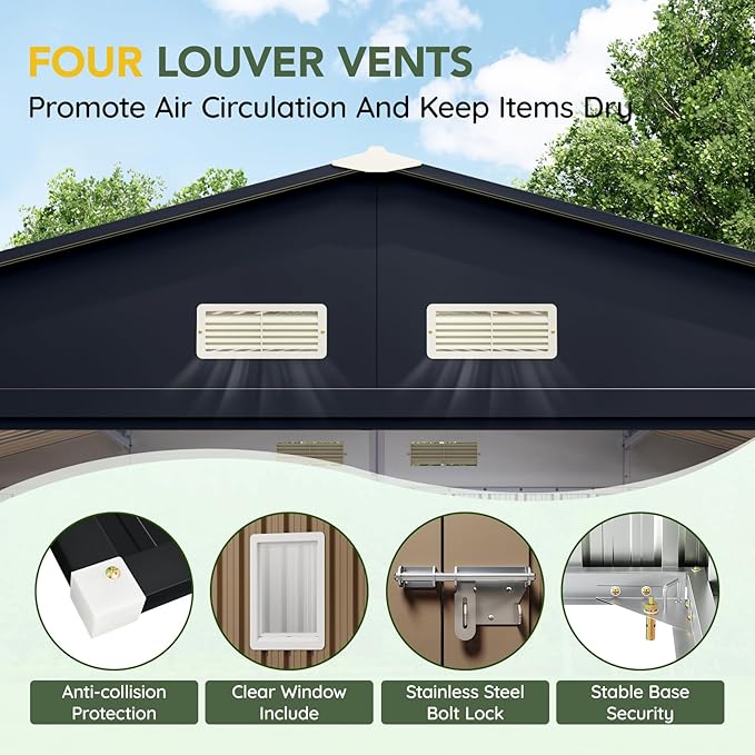 Breezz Outdoor Storage Shed 10 x 12 ft. Utility Tool Shed Metal Storage Garden Shed with Lockable Doors & Windows for Patio Storage,Brown