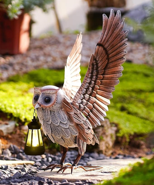 Nacome Garden Owl Statue for Yard Art: Metal Outdoor Sculptures with Solar Lantern for Clearance Lawn Decor for Patio Balcony Front - Gifts for Mom Grandma