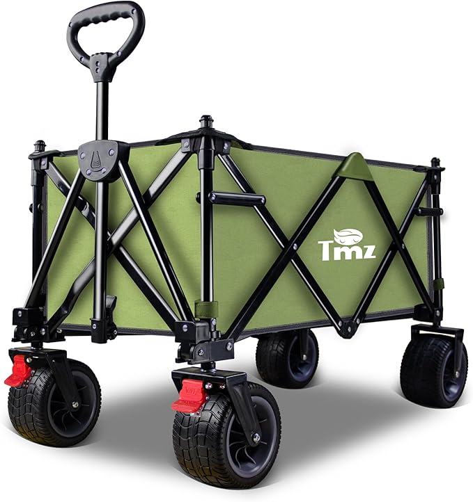 TMZ Collapsible Folding Wagon Cart, Outdoor Utility Garden Cart, Heavy Duty Camping Wagon with Big Wheels, Foldable Wagon for Sports, Shopping, Fishing and Beach-Green