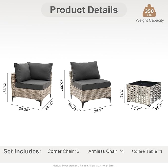 HOOOWOOO Outdoor Patio Furniture Set,7 Pieces Wicker Out Door Sectional Furniture L Shaped Couch,Outside Patio Conversation Sets with LED Table,Black