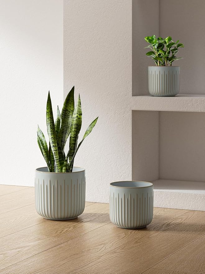 LE TAUCI Fluted Ceramic Planters Set of 3 – 8.3/7 / 5.7 in Star White Reactive Cylinder Indoor Plant Pots with Drainage Plug & Mesh, Glossy Stoneware Flower Pots for Succulents Herbs