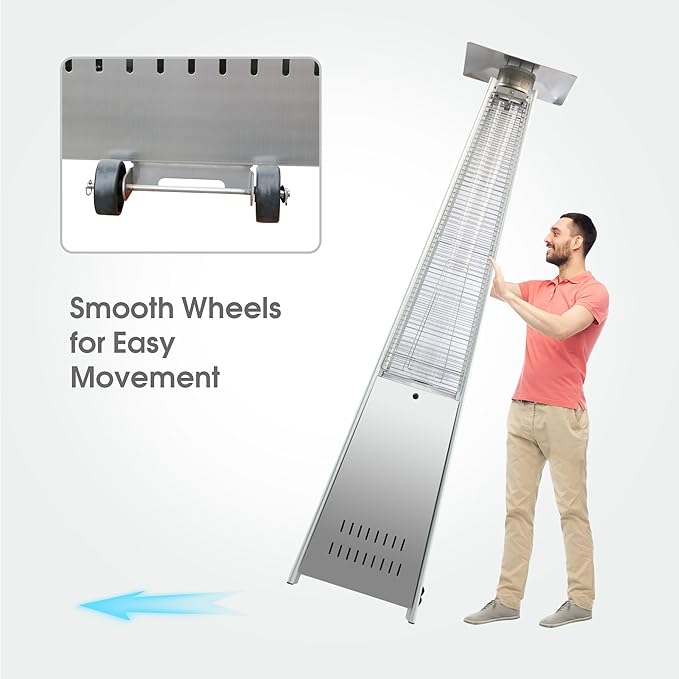 Pyramid Patio Heater 42,000 BTU, Propane Outdoor Heater with Glass Tube and Wheels, Patio Heater with Protection System, Stainless Steel, Suitable for Outdoor Commercial & Residential Use, Silver