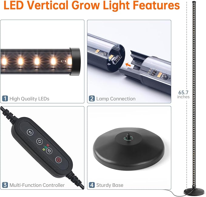 Standing Grow Light for Indoor Plants, Vertical Grow Light with 3 Light Modes, Wide Illumination and Dimmable, T10 Full Spectrum Floor Grow Lights, 16in-65in Adjustable Height & Auto Timer