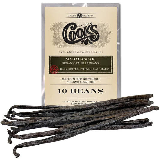 10 Organic Madagascar Whole Vanilla Beans, Grade A Pods, Premium Vanilla Beans for Making Extract & Baking - Cook’s