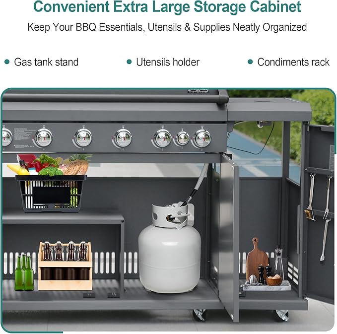 Brand-Man 6-Burner Gas Outdoor Kitchen Grill Island with Side Burner - 72,000 BTU Stainless Steel BBQ Grill Station with Storage Cabinets, Fold-out Prep Table, LPG/NG Convertible, Gray