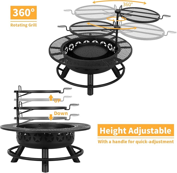 Hykolity 35 Inch Fire Pit with 2 Cooking Grate & Charcoal Pan, Outdoor Wood Burning BBQ Grill Firepit Bowl with Cover Lid, Steel Round Table for Backyard Bonfire Patio Picnic