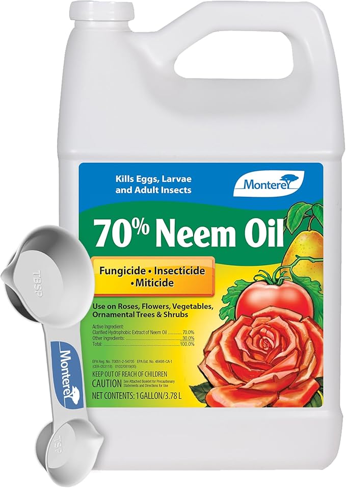 Monterey 70% Neem Oil Bundled with Measuring Spoon - Organic Gardening Fungicide, Insecticide, Miticide - Kills Eggs, Larvae, and Insects - 1 Gallon