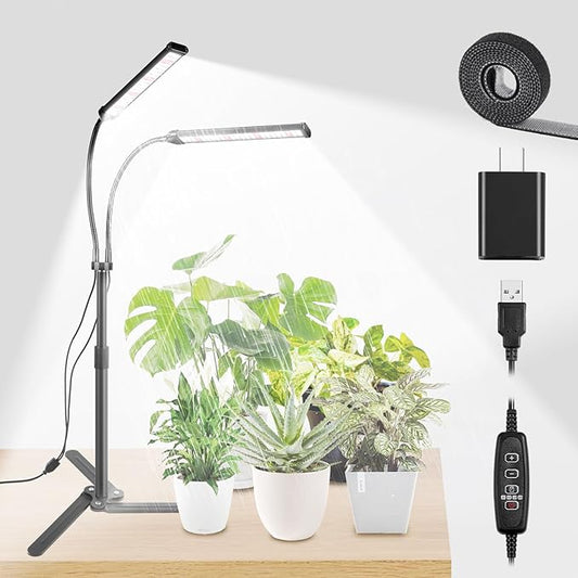 Grow Lights for Indoor Plants, Full Spectrum LED Tabletop Plant Lights for Indoor Growing, Dual-Head Gooseneck Plant Lamp with 5 Dimmable & Auto On/Off 4/8/12/18H Timer, Height Adjustable 9.8-25''