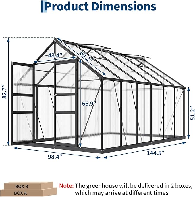 8x12 FT Greenhouse for Outdoors, Polycarbonate Greenhouse with Roof Vent, Ground Nails, Lockable Push Door, Aluminum Large Walk-in Green House for Outside Garden Backyard, Patio, Lawn
