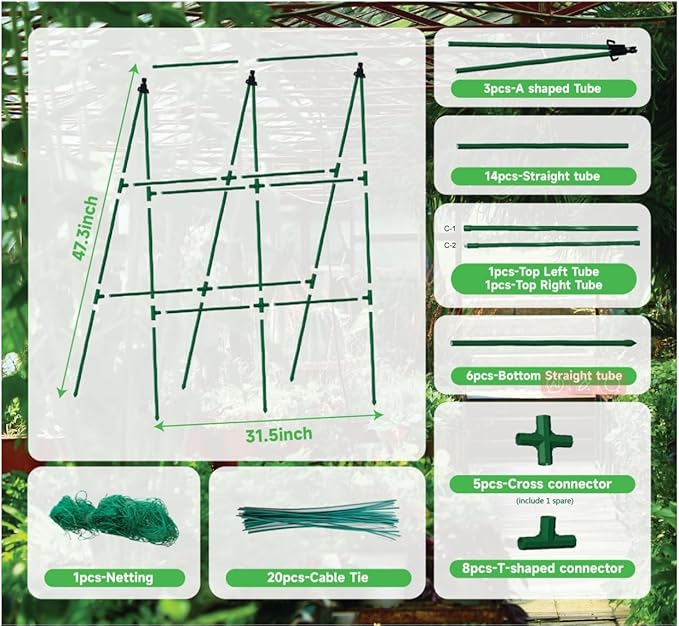 Cucumber Trellis for Raised Bed A Frame Garden Trellis for Climbing Plants Outdoor Bean Snap Peas Pumpkin Stand Support Tomato Cages Clip Bed Plasticized Metal Non-Rusting 32 inchs Wide