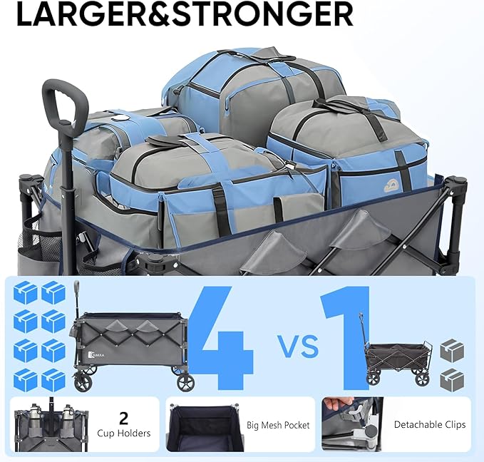 Collapsible Foldable Wagon Cart with 330lbs Weight Capacity, Heavy Duty Folding Wagon Cart with Big All-Terrain Wheels & Drink Holders. Gray