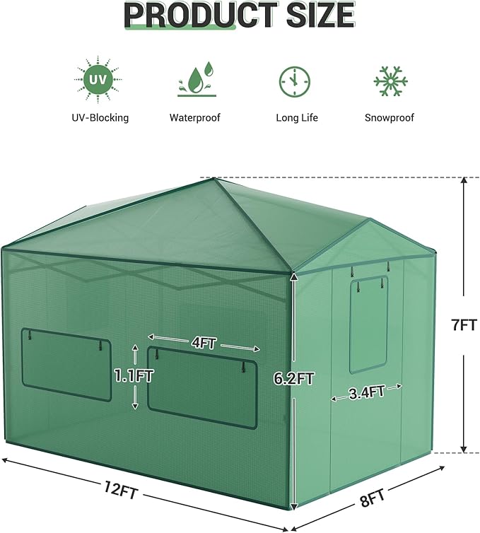 8 X 12 FT Portable Greenhouse for Indoor & Outdoor Plants, 96 X 144 Inches Durable PE Cover Pop-Up Green House Kit with Zippered Doors, Mesh Windows,Grow Tent for All Seasons - Easy to Assemble,Green