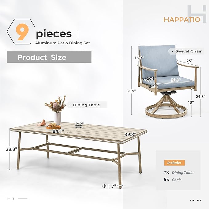 HAPPATIO 9-Piece Patio Dining Set for 8, Aluminum Outdoor Dining Set with Cushions, 8 Swivel Dining Chairs, 1 Large Rectangular Table with Umbrella Hole for Lawn, Porch, Backyard, Brown
