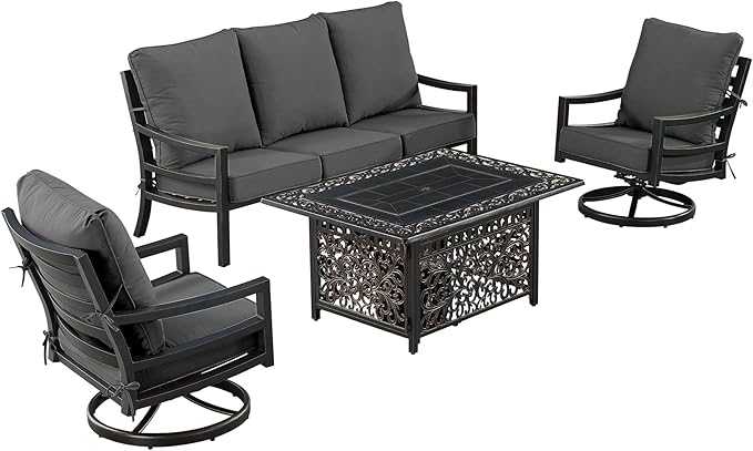 Oakland Living Black Aluminum Patio Fire Table Set with Deep Seating Sofa with Cushions and Two Club Chairs with Black Cushions