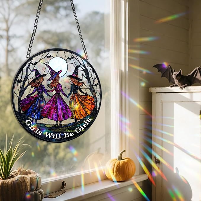 Halloween Sun Catcher - 8 Inch Round Suncatcher for Window Hanging Decoration - Creates Indoor Rainbows Light Refraction - Spooky Ghost, Witch, Pumpkin Design - Suction Cup Hook & Chain
