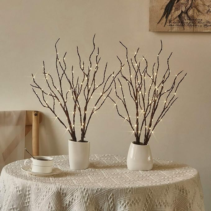Fudios Lighted Branches 18IN 70 Warm White LED with Timer Twig Lights Battery Operated for Christmas Wedding Party Decoration(2 Set)