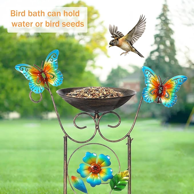 LEWIS&WAYNE Garden Trellis Bird Bath Outdoor, 40 Inch Antique Iron Garden Plant Trellis Decorative with Floral-Butterflies and Detachable Drinking Basin Bowl, Free Standing BirdBath Birdfeeder Station