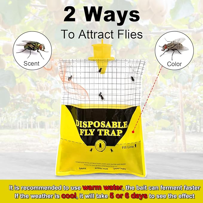 Glovv 6 Pack Disposable Big Fly Trap Bags Outdoor Hanging, Catcher Hunter with Bait, Stable Horse Ranch Control Repellent Killer for Barn, Farm, Mosquito, Bugs