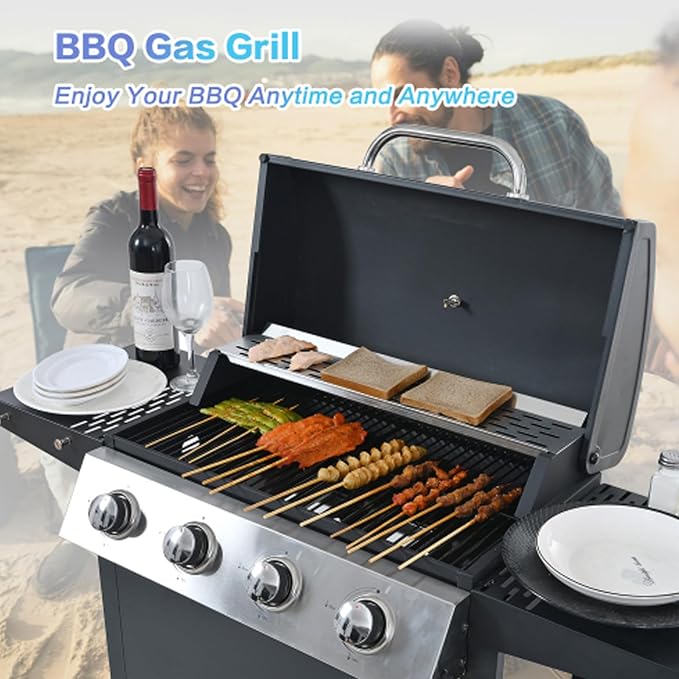 BBQ Grill, 4-Burner Stainless Steel BBQ Grill, 34,000 BTU with Shelves, Lid, Wheels, & Bottle Opener – Portable Outdoor Patio Grill for Backyard & Garden