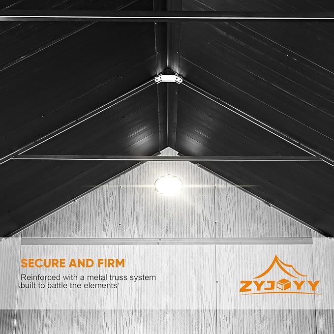 7.3 x 12 FT Shed Resin Outdoor Storage with Floor, 566 cuft Plastic Shed with Window and Lockable Door for Garden, Backyard, with Wood Texture, Grey