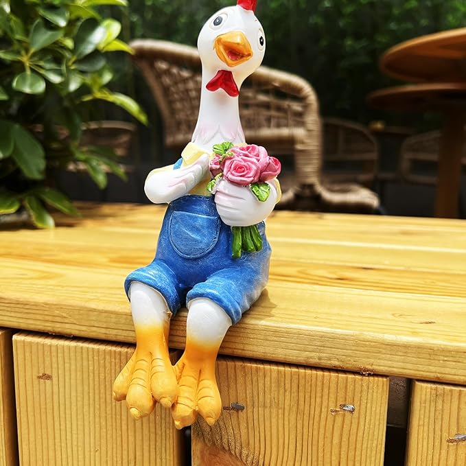 Handside Couple Duck Garden Statues Cartoon Resin Cute Sitting Chicken Sculpture Goose Lovers Figurine Gift Decorations for Yard Home Patio and Office and Wedding (Chicken)
