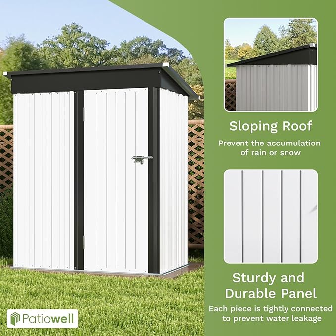 Patiowell 5x3 FT Outdoor Storage Shed, Garden Tool Shed with Sloping Roof and Lockable Door, Metal Shed for Backyard Garden Patio Lawn, White
