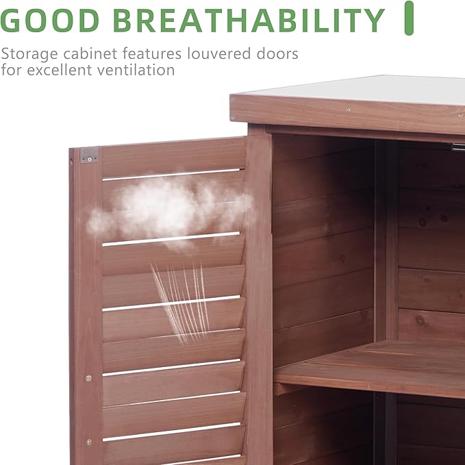 Potting Bench with Storage Cabinet and Metal Table Top for Outdoor Patio, Garden Furniture Wood Workstation (Dark Brown, 31x17x36)