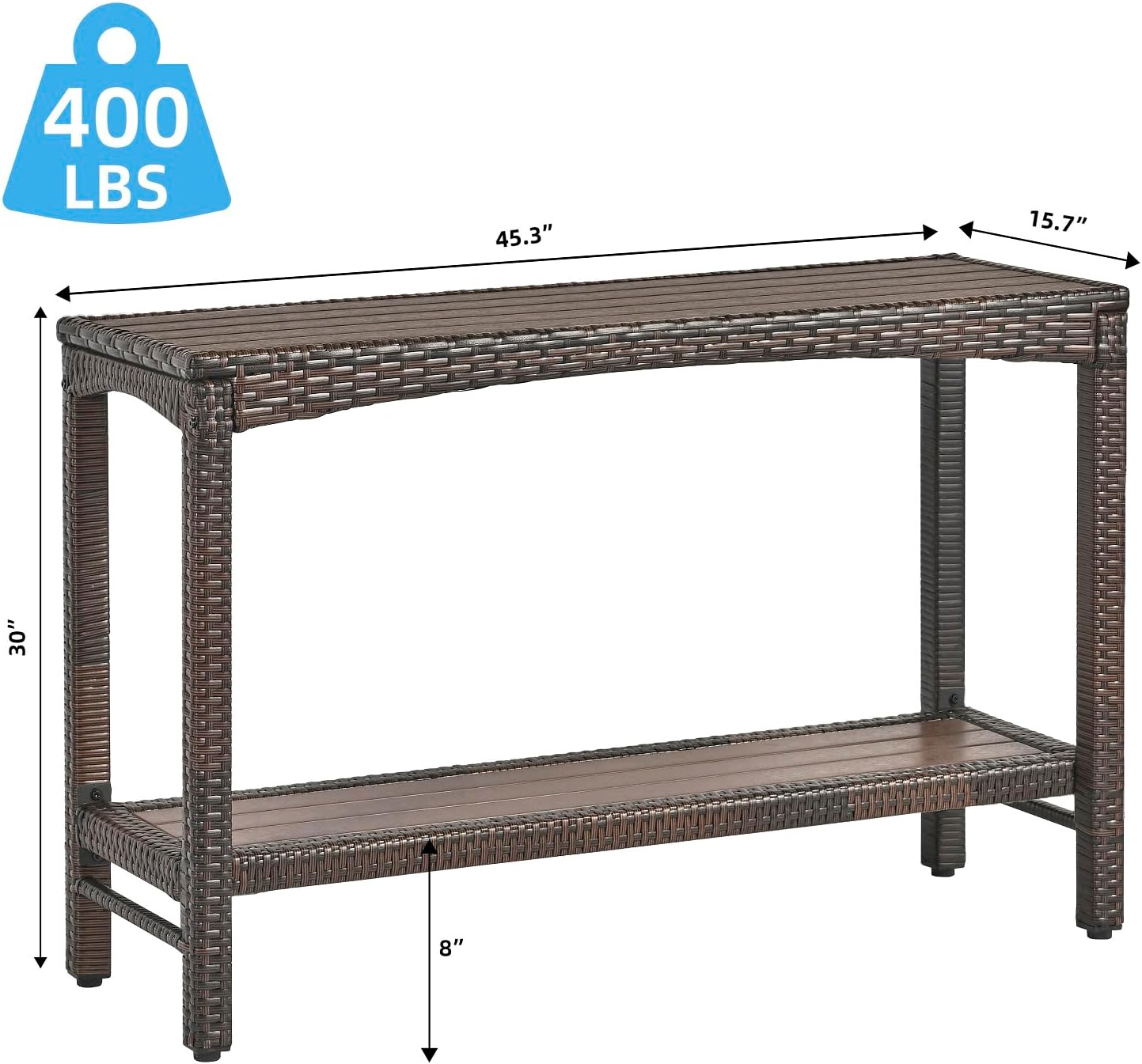 Outdoor Console Table Patio Buffet Bar Storage Organizer 45" Long Wicker Sofa Serving Sideboard Table 2-Shelf Outdoor Bar Table Tall Rectangle Narrow with Adjustable Feet for Entryway Balcony Brown