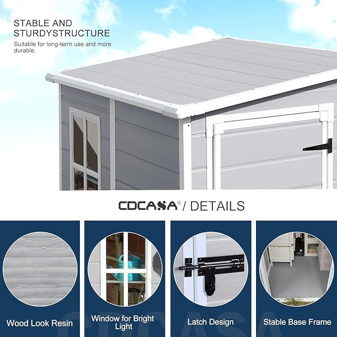 CDCASA 5x4 FT Resin Storage Shed, Waterproof Sheds & Outdoor Storage with Floor & Window & Lockable Door, Tool Shed for Garden, Patio, Backyard, Light Grey