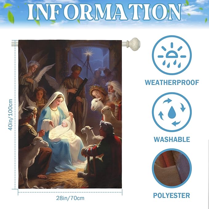 Nativity Garden Flags Religious Christma Yard Flag Winter Catholic Jesus House Banners for Holy Night Outside Double Sided Home Yard Farm Xmas Decor Outdoor 28 x 40 Inch