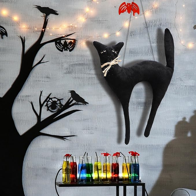 Suhine 16 Inch Halloween Black Cat Hanging Decoration Vintage Rustic Black Cat Wall Ornament Hanging Gifts Primitiva Retro Farmhouse Halloween Decoration for Door Indoor Wall Outdoor