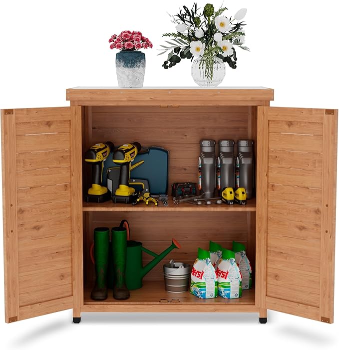 Outdoor Storage Cabinet Garden Potting Bench Table with Metal Tabletop, Solid Wood Planting Work Bench Table for Backyard Patio Lawn, 31×18×36" (Wood)