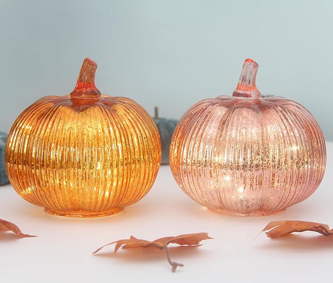 Mercury Glass Pumpkin Lights with Timer, Battery Operated Led Pumpkin Lights for Halloween Fall,Thanksgiving Rustic Decor (Rosegold Fine-Striped, 6")
