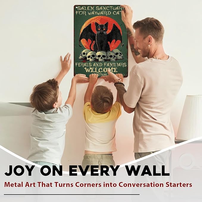 Salem Sanctuary Black Cat Metal Tin Sign Halloween Decor Vintage Gothic Decor Retro Wall Art Rustic Tin Plaque For Home Bar Cat Lovers 12x16inch