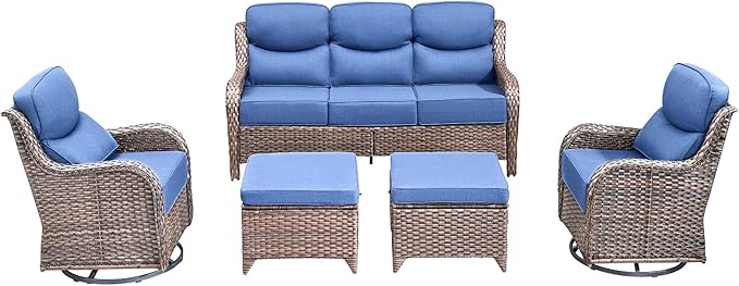 Luxury High Back Outdoor Furniture with 6-Inch Thick Cushions, Patio Furniture Set with Swivel Chairs, 5 PCS Wicker Conversation Set for Porch, Balcony, Deck and Yard