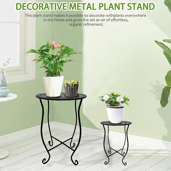 2pcs Plant Stand for Flower Pot Rack,Round Black Metal Plant Stand Indoor, Decorative Black Flower Pot Stand Plant Table, Rustproof Potted Holder Outdoor Plant Stands for Home Garden(1 large