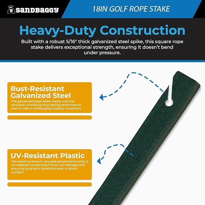 18" Golf Rope Stake - Square Stake (UV Resistant) - Sandbaggy (18-inch, 1, Count)