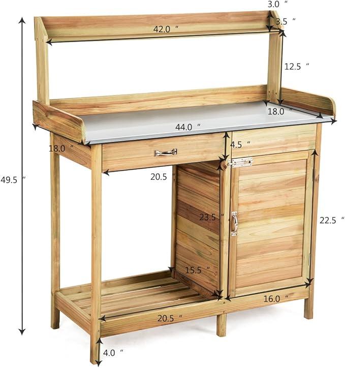 Giantex Potting Bench Table for Outside Natural Wood Garden Plant Lawn Patio Table Storage Shelf Metal Tabletop Outdoor Workstation Flower Pot Bench (Natural Fir w/Cabinet)
