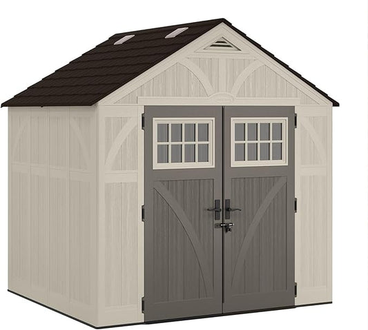 Suncast 8' x 7' Heavy-Duty Resin Tremont Storage Shed with Reinforced Floor, Skylights for Natural Light, Lockable Double Doors, Cream, Made in the USA
