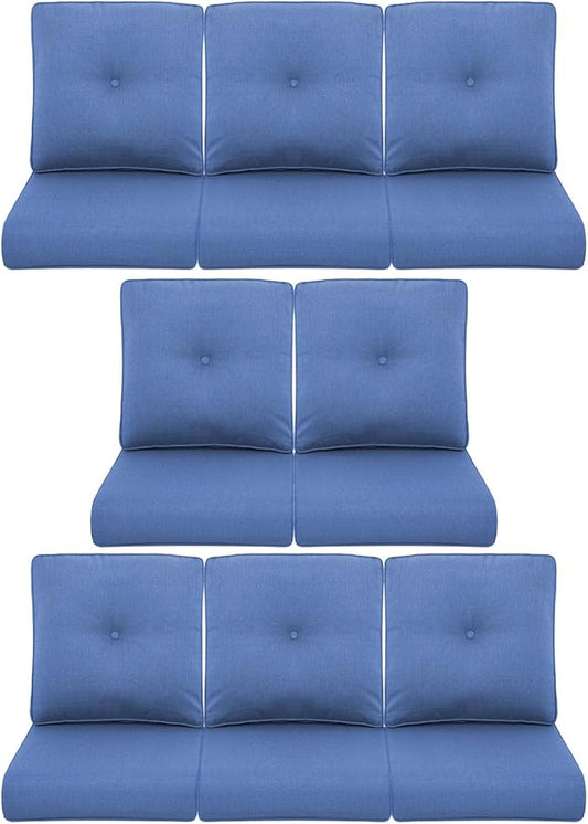 8-Piece Outdoor Patio Cushion Set - Fade & Water Resistant with Removable Olefin Cover, 22x24x4 Inch Memory Foam Cushions for Wicker Sectional Sofa – Blue/Buckle